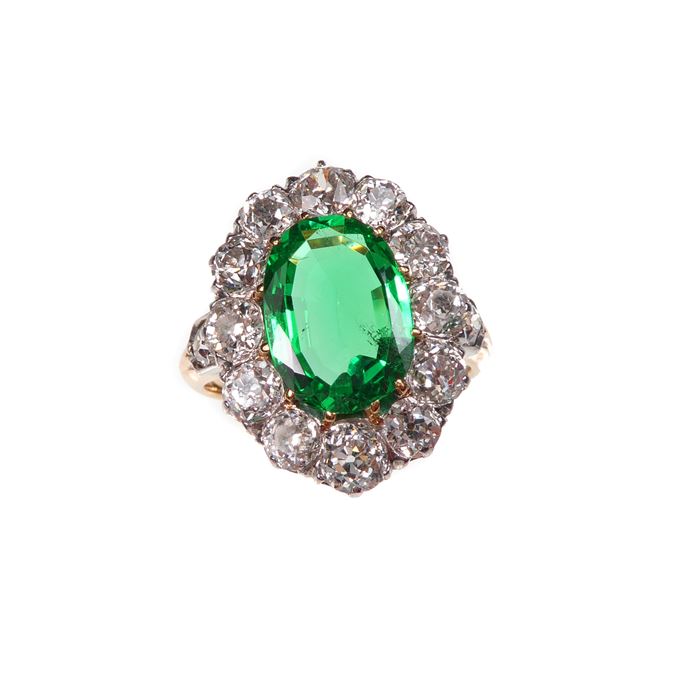Antique oval facetted emerald and diamond cluster ring | MasterArt